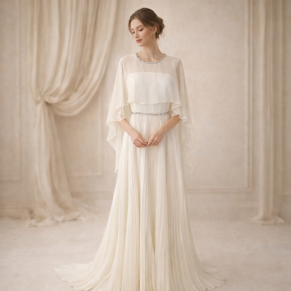 Jenny Packham Bloom Cape Ivory Chiffon Gown Rhinestone Embellished Pleated Dress - Picture 4 of 17